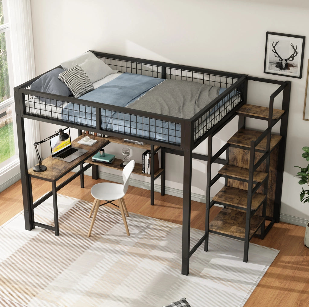 Letto a soppalco 140x200 cm in ferro con scrivania, scaffali e armadio integrato, nero
