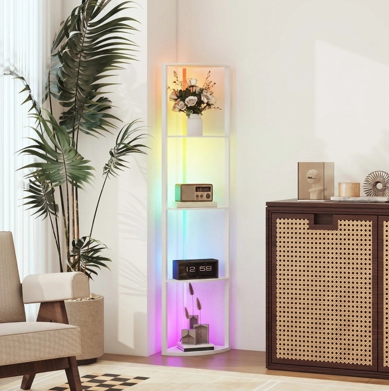 Lampada da terra angolare bianca con 5 ripiani e illuminazione RGB