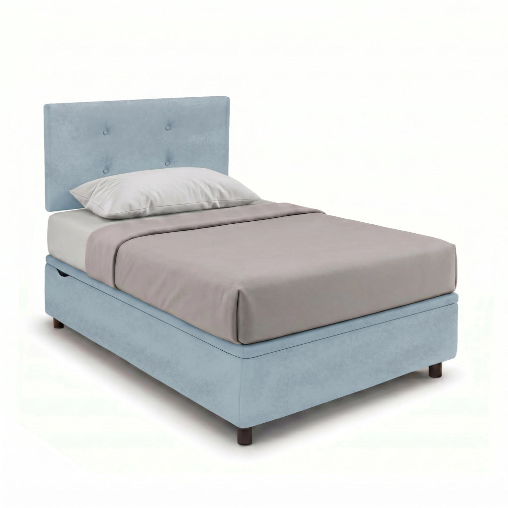 Letto Singolo Contenitore Imbottito 80x200 cm Microfibra Azzurro BoxMax Testata Button