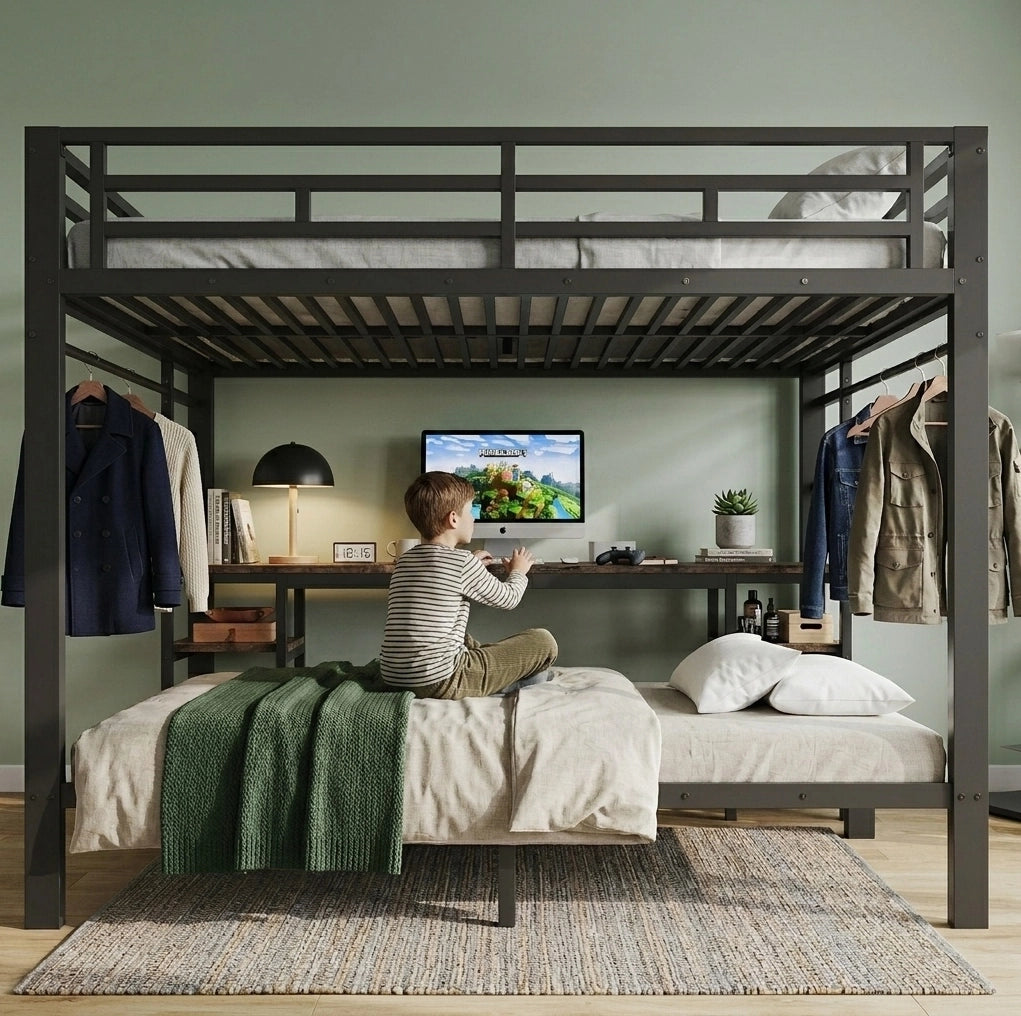 Letto a castello in metallo nero 140x200 cm + 90x200 cm con scrivania integrata, appendiabiti e doppia scala