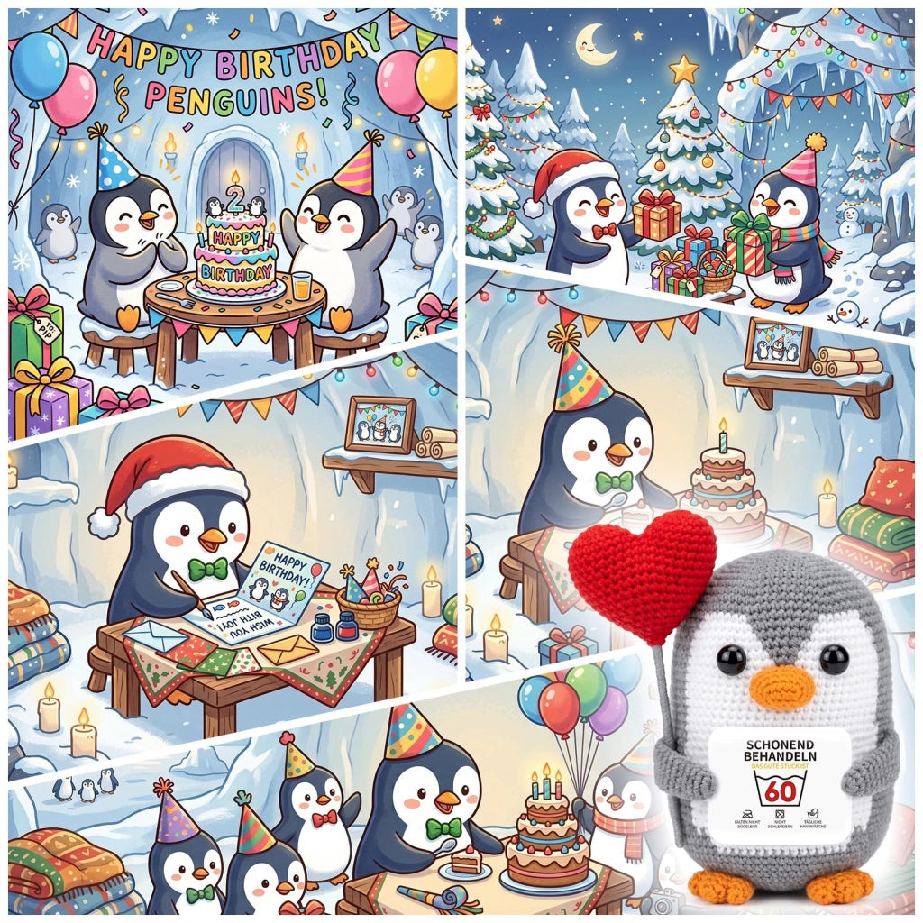Pinguino portafortuna all'uncinetto, con moneta e astuccio