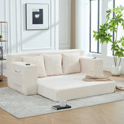 Divano modulare beige in velluto a coste con portabicchieri