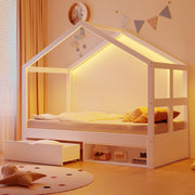 Letto singolo a casetta 90 × 190 cm con cassetti scarpiera LED multicolore in legno bianco con rete a doghe