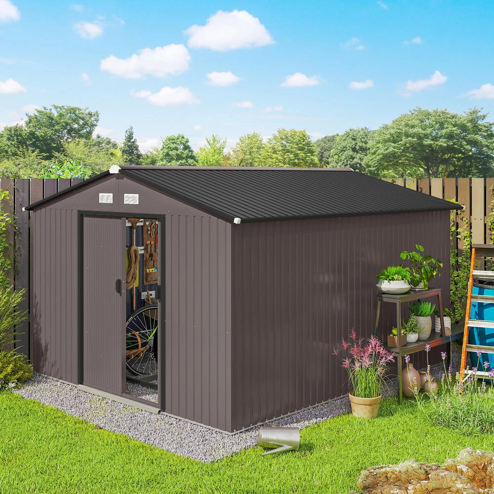 Casetta da Giardino in Acciaio Zincato Marrone 322x277x192 cm Capanno Porta Attrezzi con 2 Porte Scorrevoli e 4 Prese d'Aria