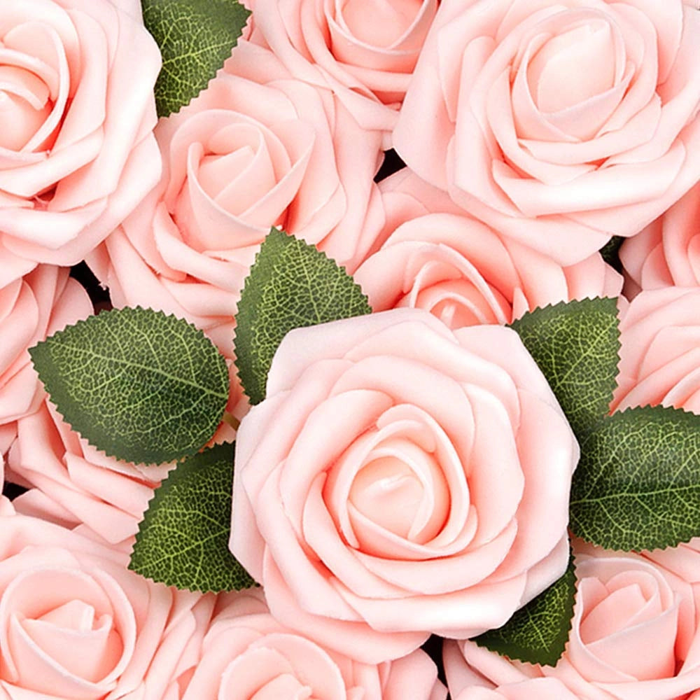 25 rose artificiali, color champagne, realizzate in schiuma PE, complete di steli