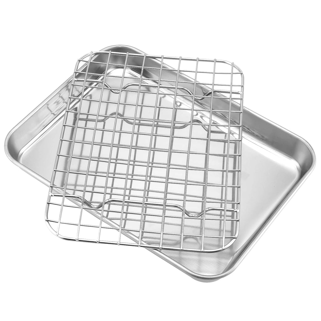 Set di teglie da forno con griglia, 2 pezzi, acciaio inossidabile, 23,5 x 17,5 x 2,5 cm