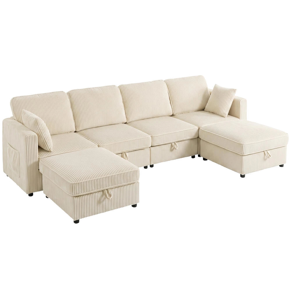 Divano angolare modulare a U 306 cm, 4 posti con 2 pouf contenitore e 4 cuscini, velluto a coste crema, salvaspazio per casa