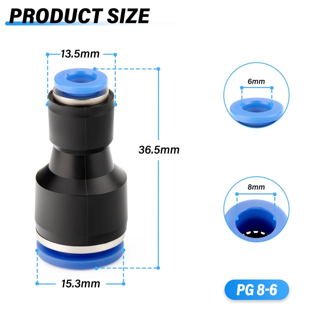 15 pezzi adattatori diritti ad attacco rapido, 8mm × 6mm, plastica resistente, connettore per tubi pneumatici