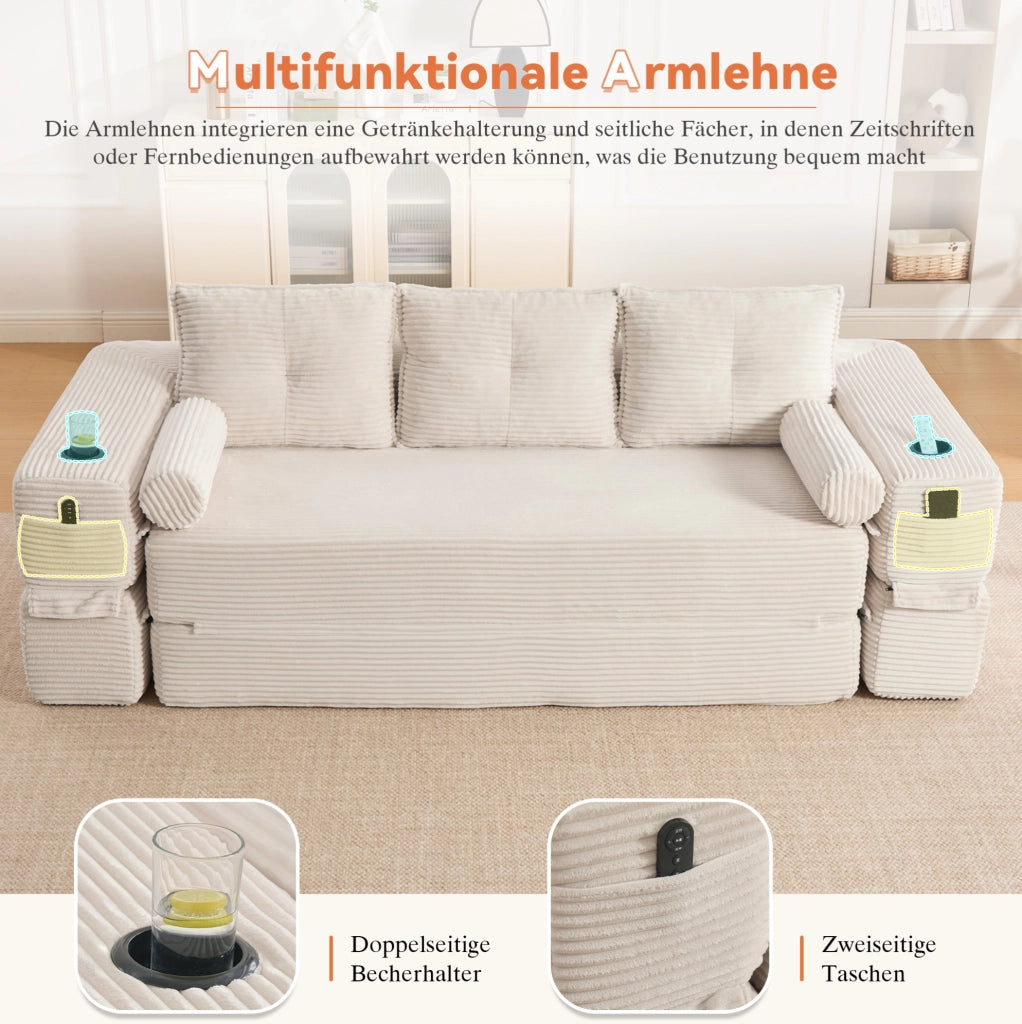 Divano letto pieghevole in velluto a coste beige con portabicchieri