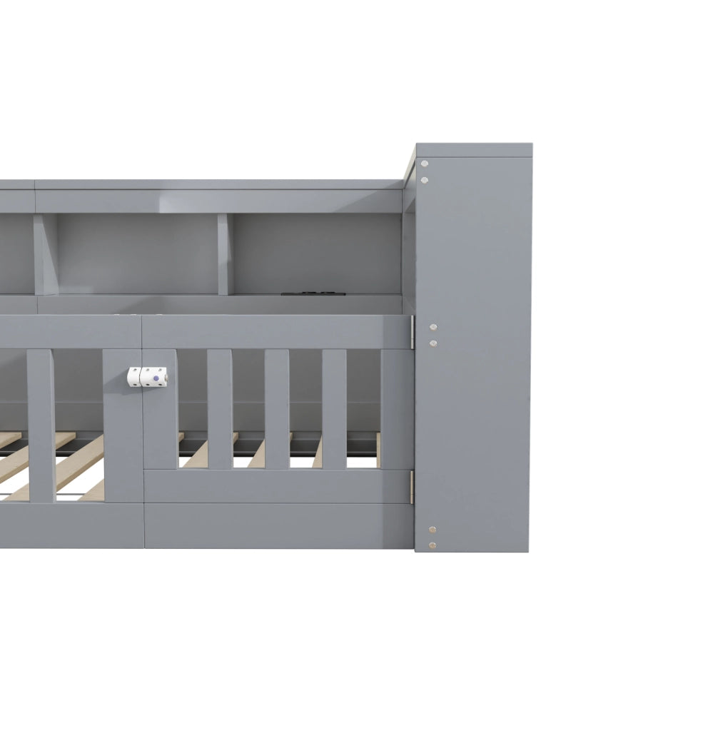 Letto giorno 90x200 cm con rete a doghe, guida estraibile, prese elettriche e USB, struttura in truciolato grigio