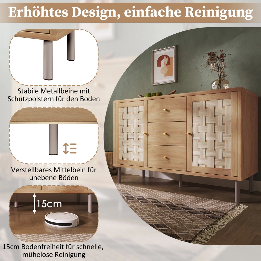 Credenza 120 × 40 × 75 cm in MDF color rovere con 2 ante 3 cassetti ripiani regolabili gambe in metallo