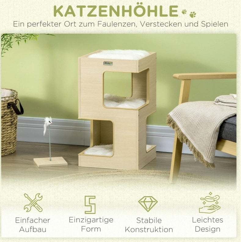 Cuccia per gatto 34 x 34 x 60 cm in legno naturale e grigio chiaro con gioco