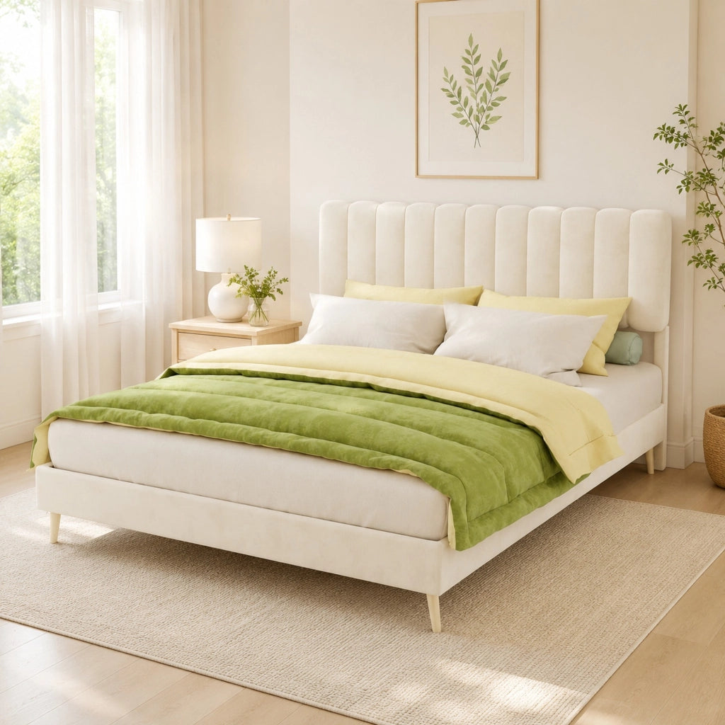 Letto matrimoniale 160x200 cm imbottito in tessuto e metallo; beige