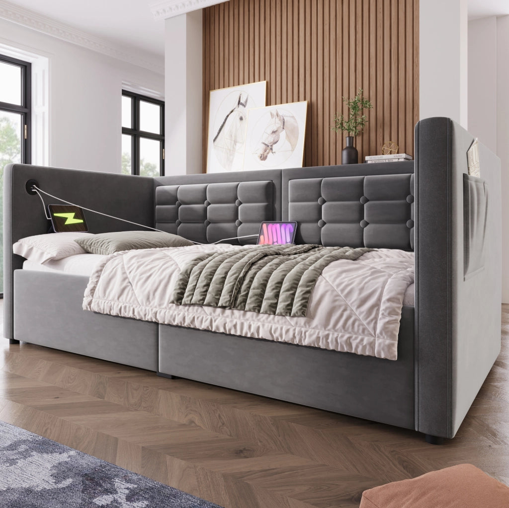 Divano letto 90 × 190 cm con contenitore idraulico; USB e Type-C; velluto grigio