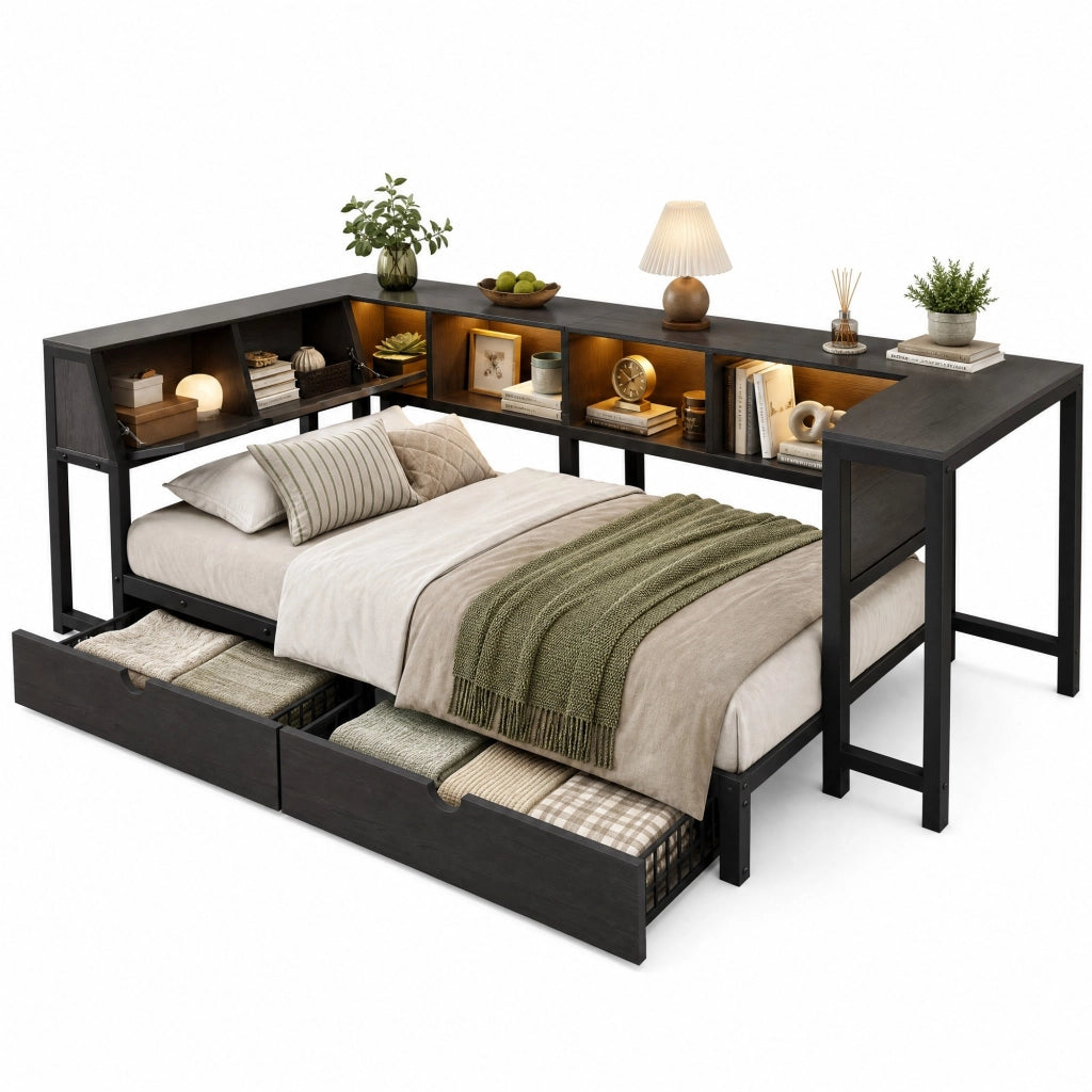 Letto singolo 90 x 200 cm nero con scrivania, cassetti e luce a più colori