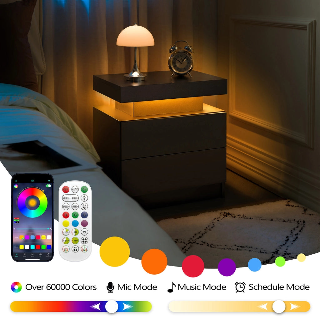 Comodino Moderno con LED Regolabili e 2 Cassetti, Nero, per Camera da Letto