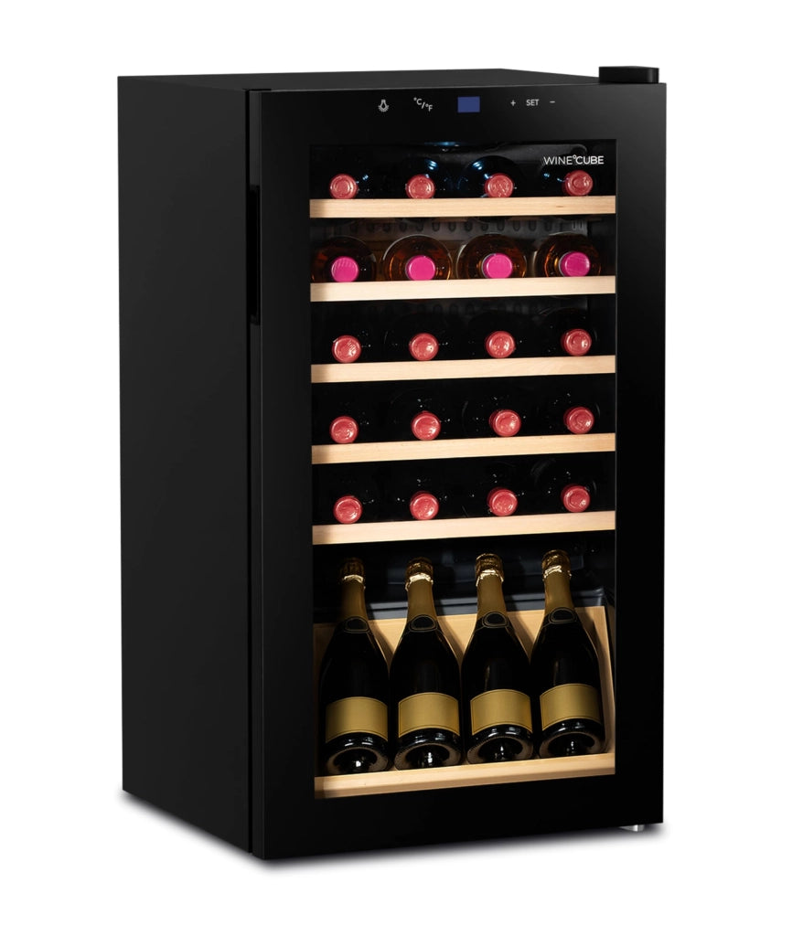 Frigorifero per vino, capacità 28 bottiglie, 90 litri, porta in vetro, struttura in legno di faggio, temperatura regolabile da 5 a 18 °C