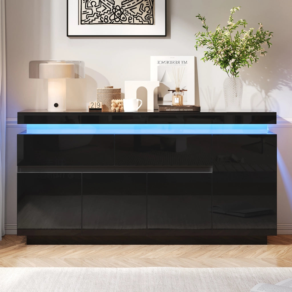 Credenza nera lucida 140 x 35 x 72,5 cm con illuminazione a LED