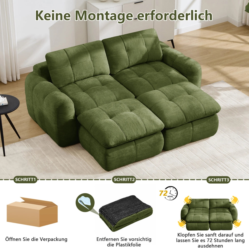 Divano modulare verde in ciniglia senza telaio con pouf