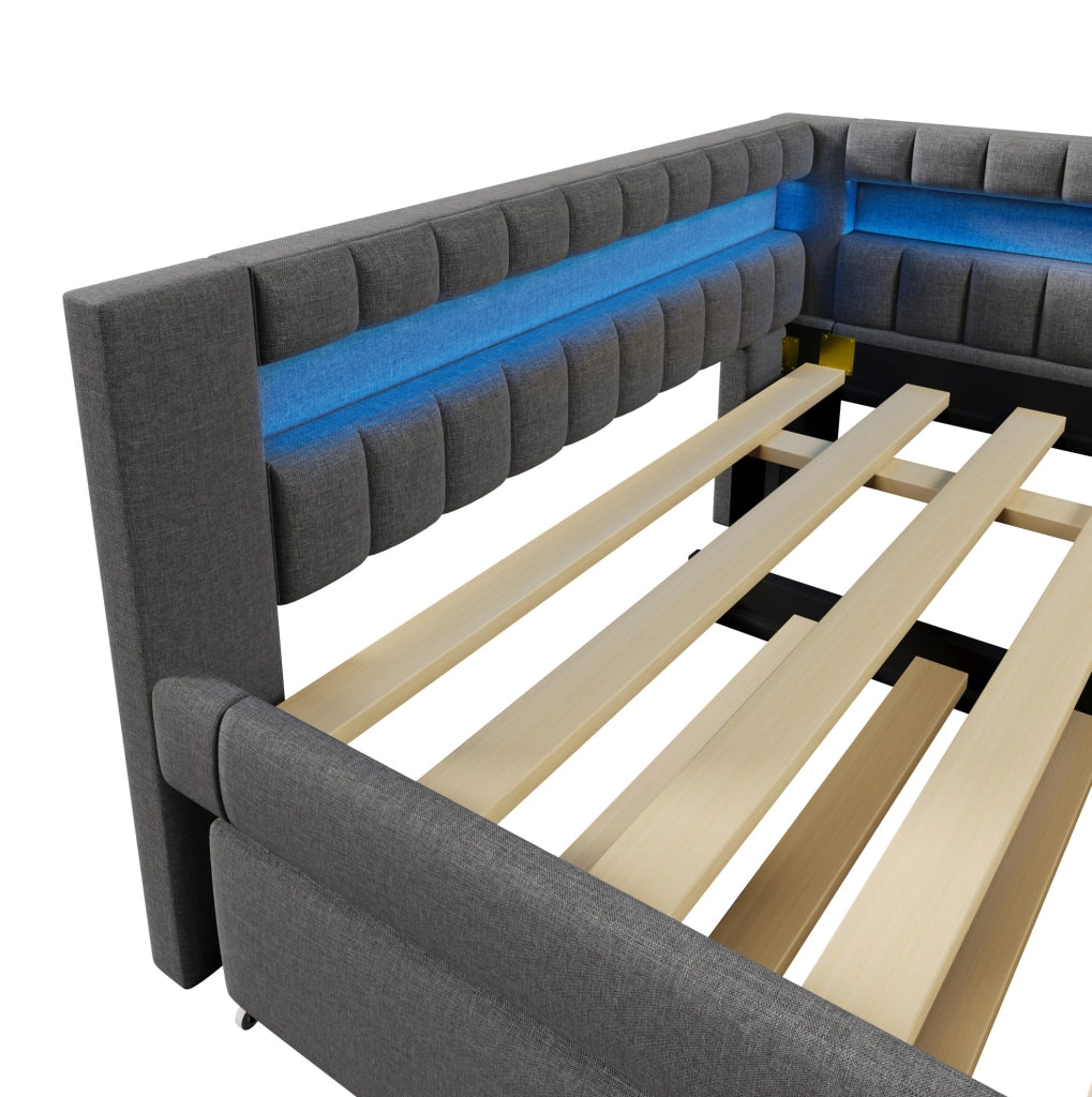 Letto Daybed con letto estraibile 140x200 cm in lino grigio con striscia LED, USB e TYPE-C