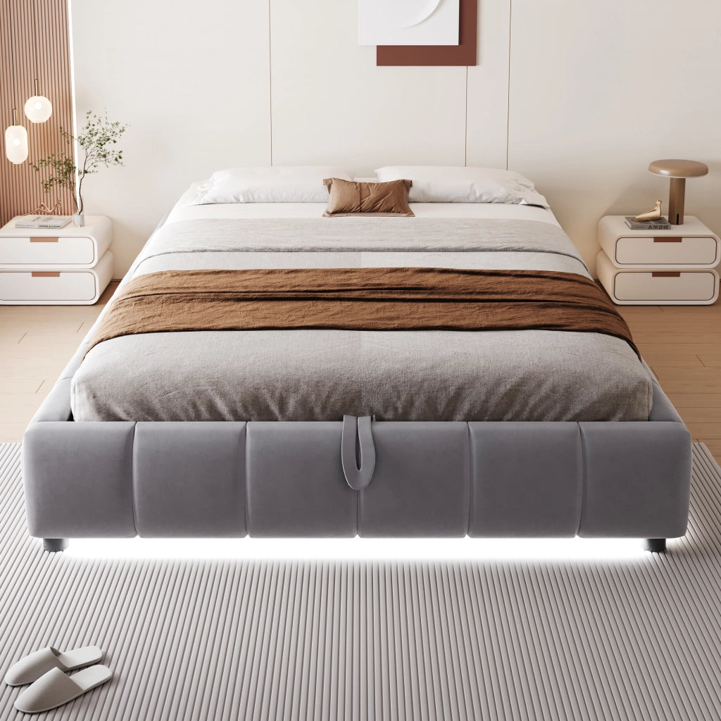 Letto imbottito 140x200 cm con vano contenitore idraulico e LED bianco; velluto grigio; senza testiera