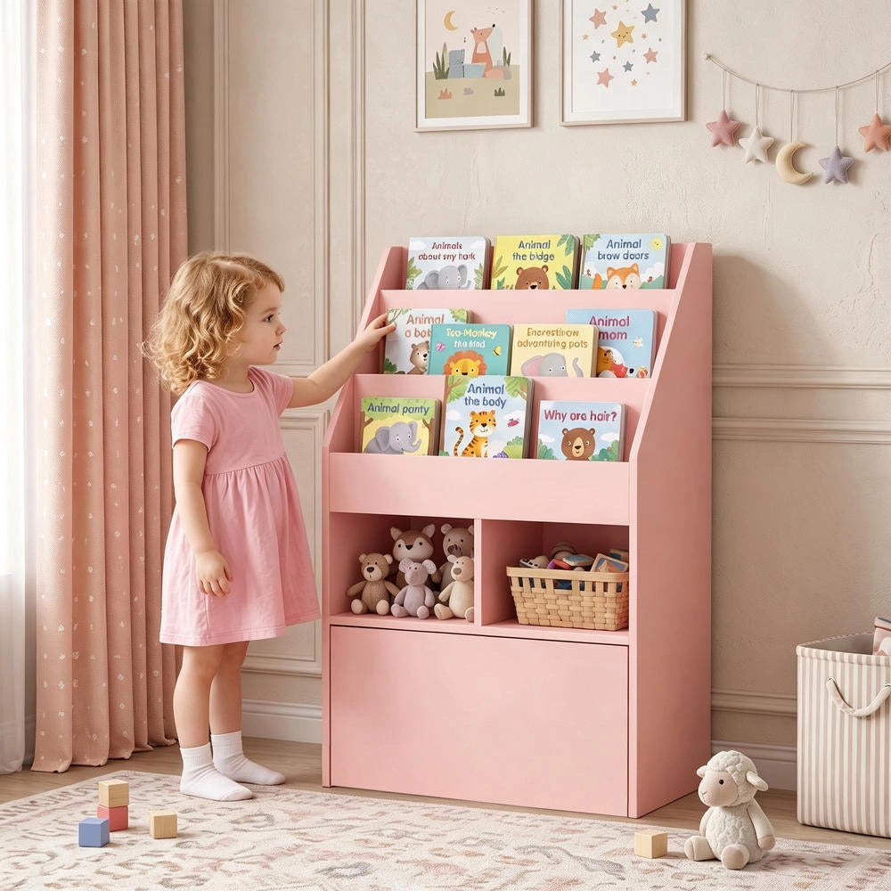 Piccola libreria per bambini in MDF, colore rosa, 60x29.9x90cm con ripiani, cassetto, design salvaspazio per cameretta