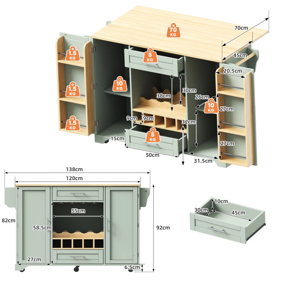 Isola cucina mobile con piano di lavoro pieghevole, carrello su ruote con portabottiglie, porta bicchieri, scaffale per spezie e porta asciugamani, 138x45/70x92 cm, verde