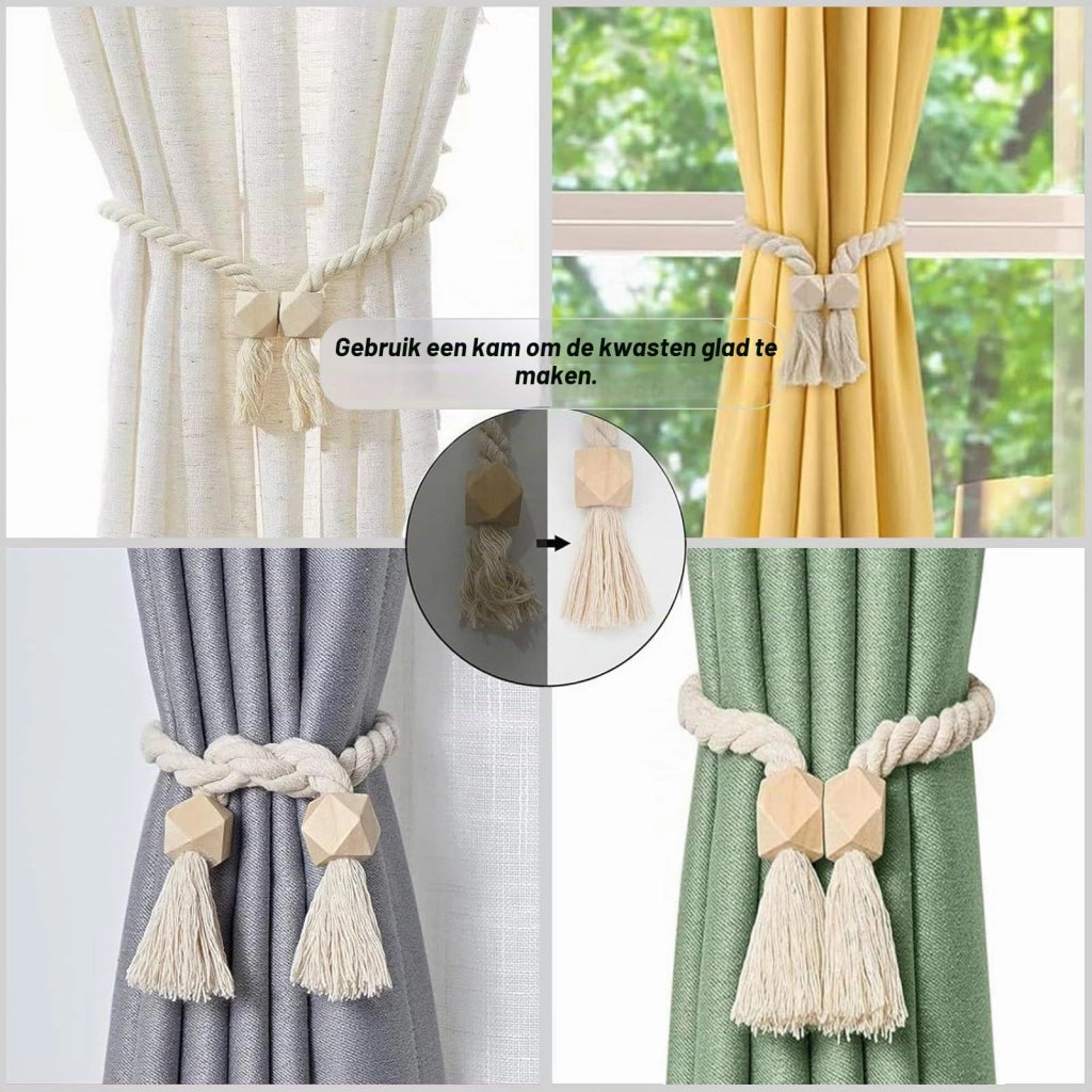 4 supporti per tende magnetici, realizzati in cotone e legno, color beige