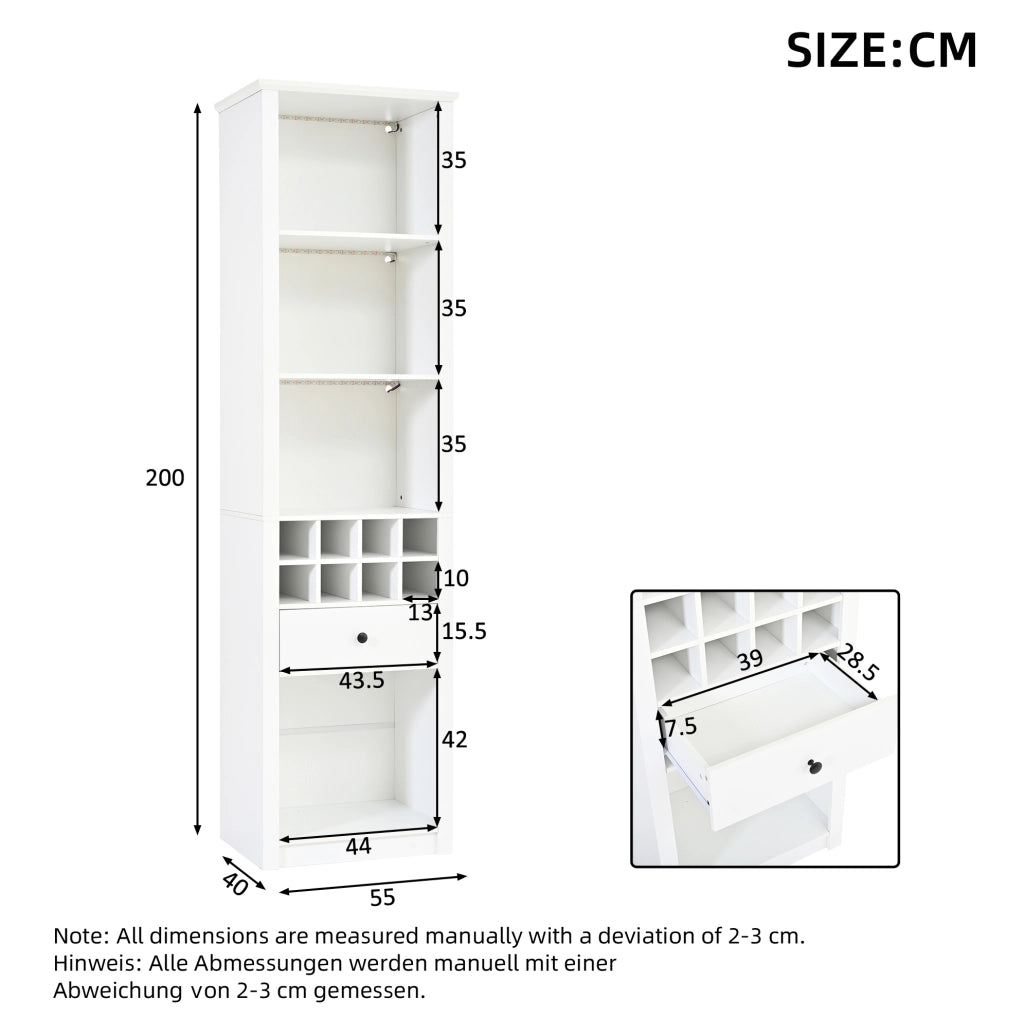 Mobile portavino aperto bianco con illuminazione e cassetto, 55 × 40 × 200 cm