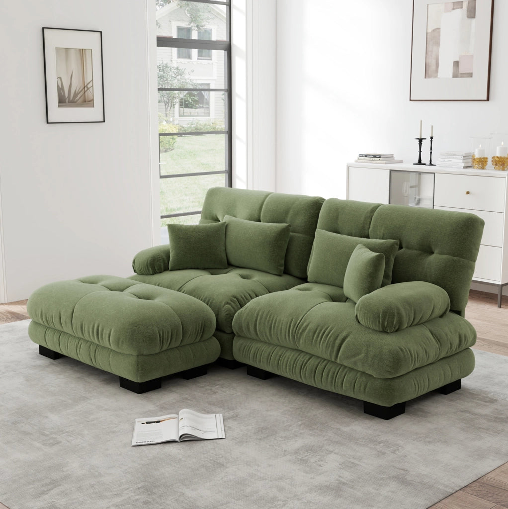 DIVANO modulare in ciniglia verde con pouf mobili