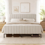 Letto matrimoniale imbottito 180x200 cm con rete a doghe e testiera regolabile in lino grigio-beige