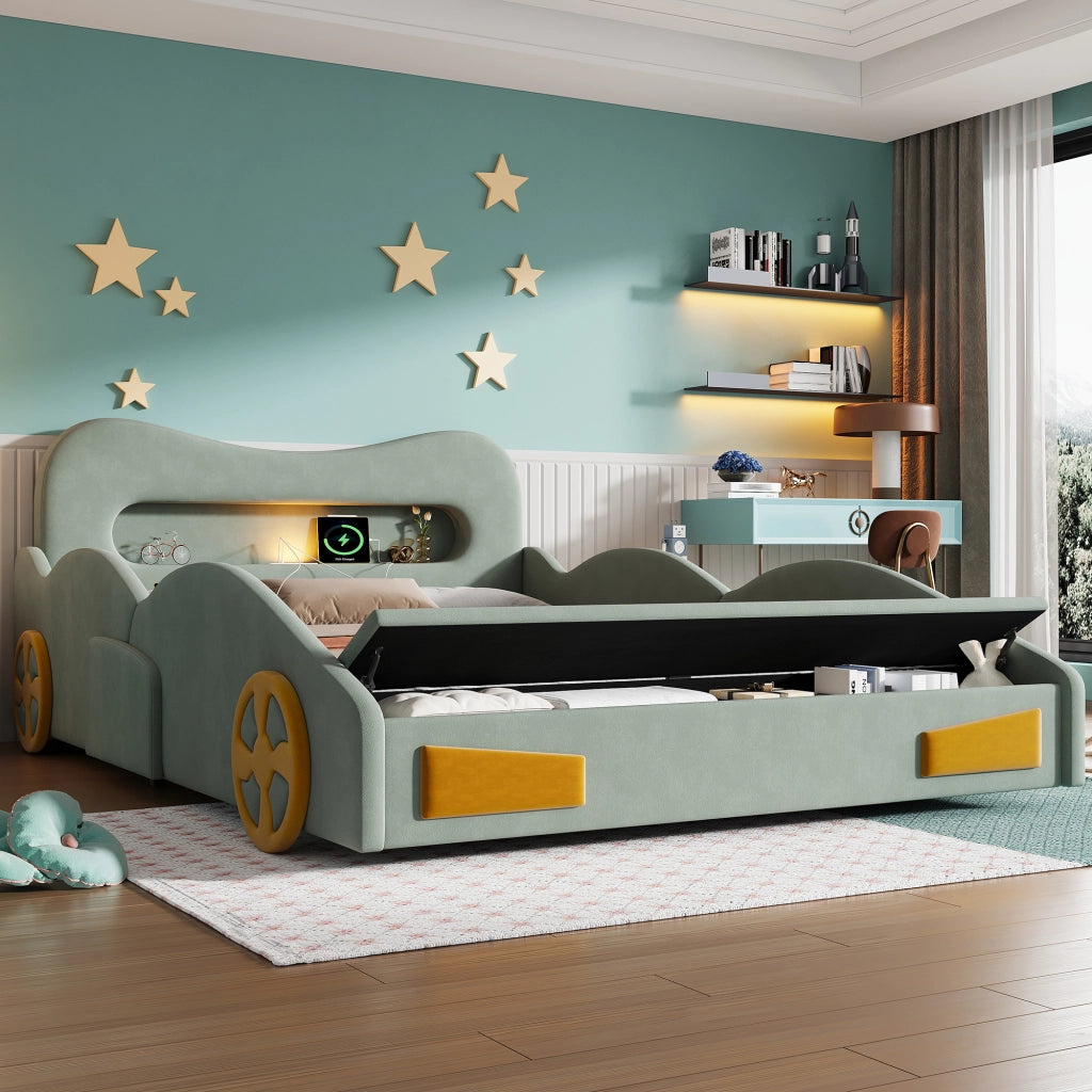 Letto A Forma Di Auto Per Bambini 140 X 200 Cm; Verde; Imbottito In Flanella Con Luce E Contenitore