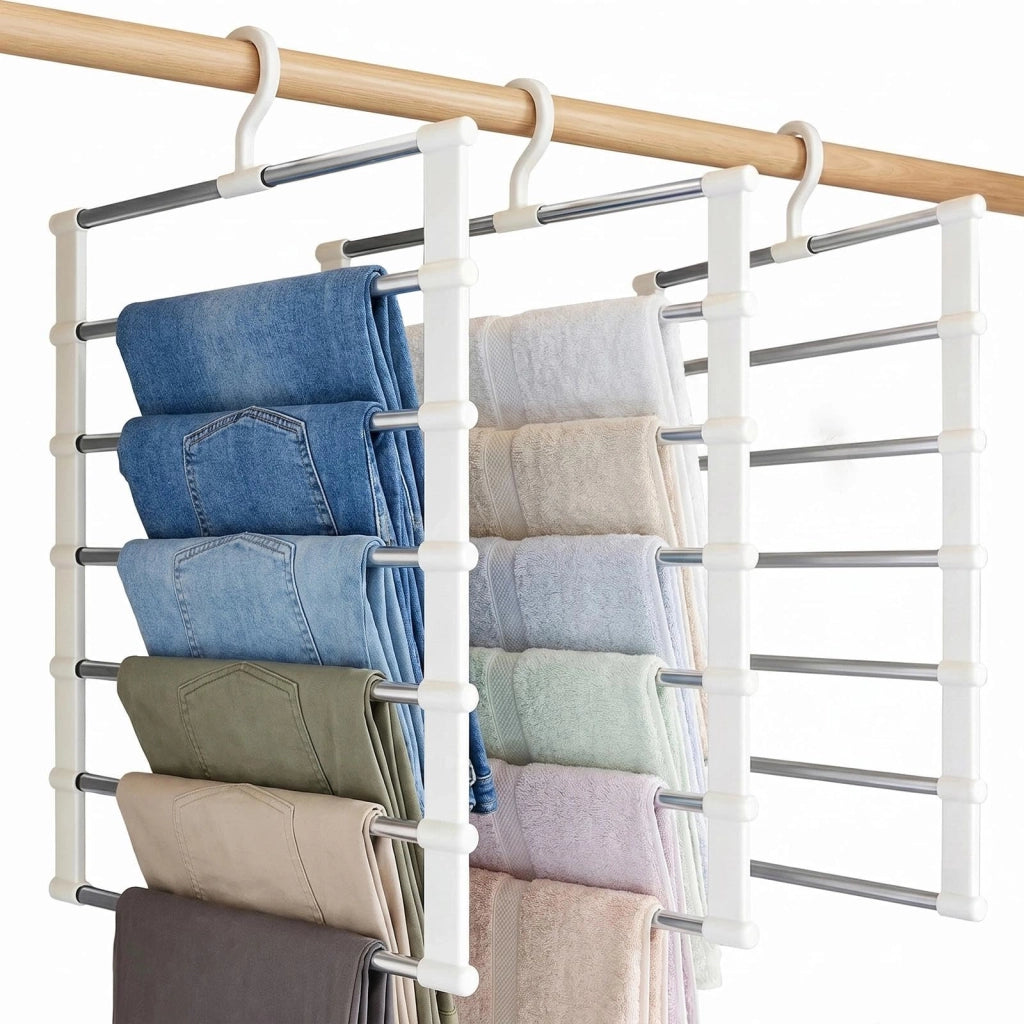 Set di 3 appendiabiti per pantaloni, 7 livelli, in metallo, salvaspazio, pieghevoli