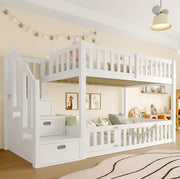 Letto a castello 90x200 cm in pino massello bianco con scala e spazio contenitivo
