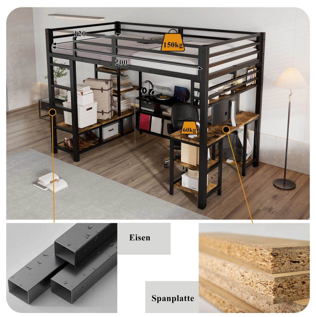 Letto a soppalco 120x200 cm con scrivania e ripiano in metallo e truciolare; nero noce scuro