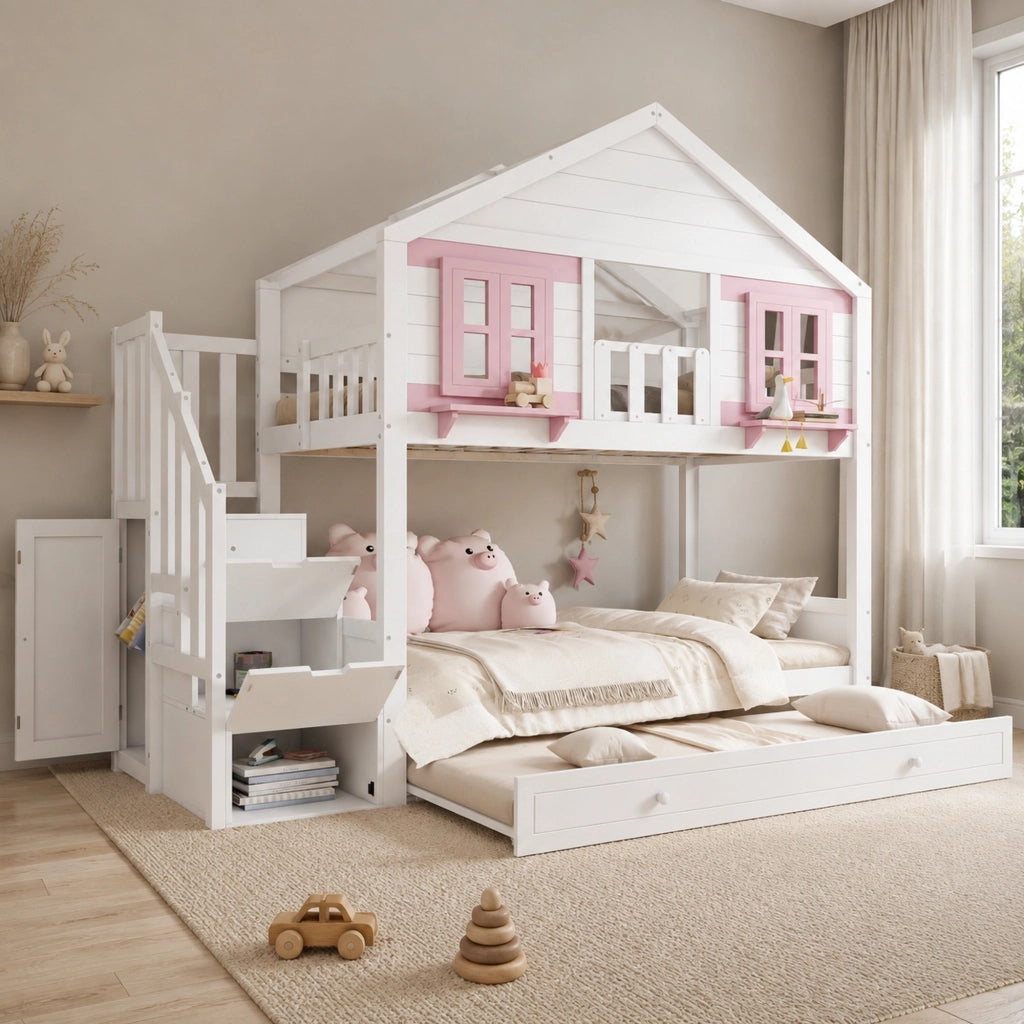Letto a castello per bambini 90x200 cm con letto estraibile; pino e MDF; bianco e rosa