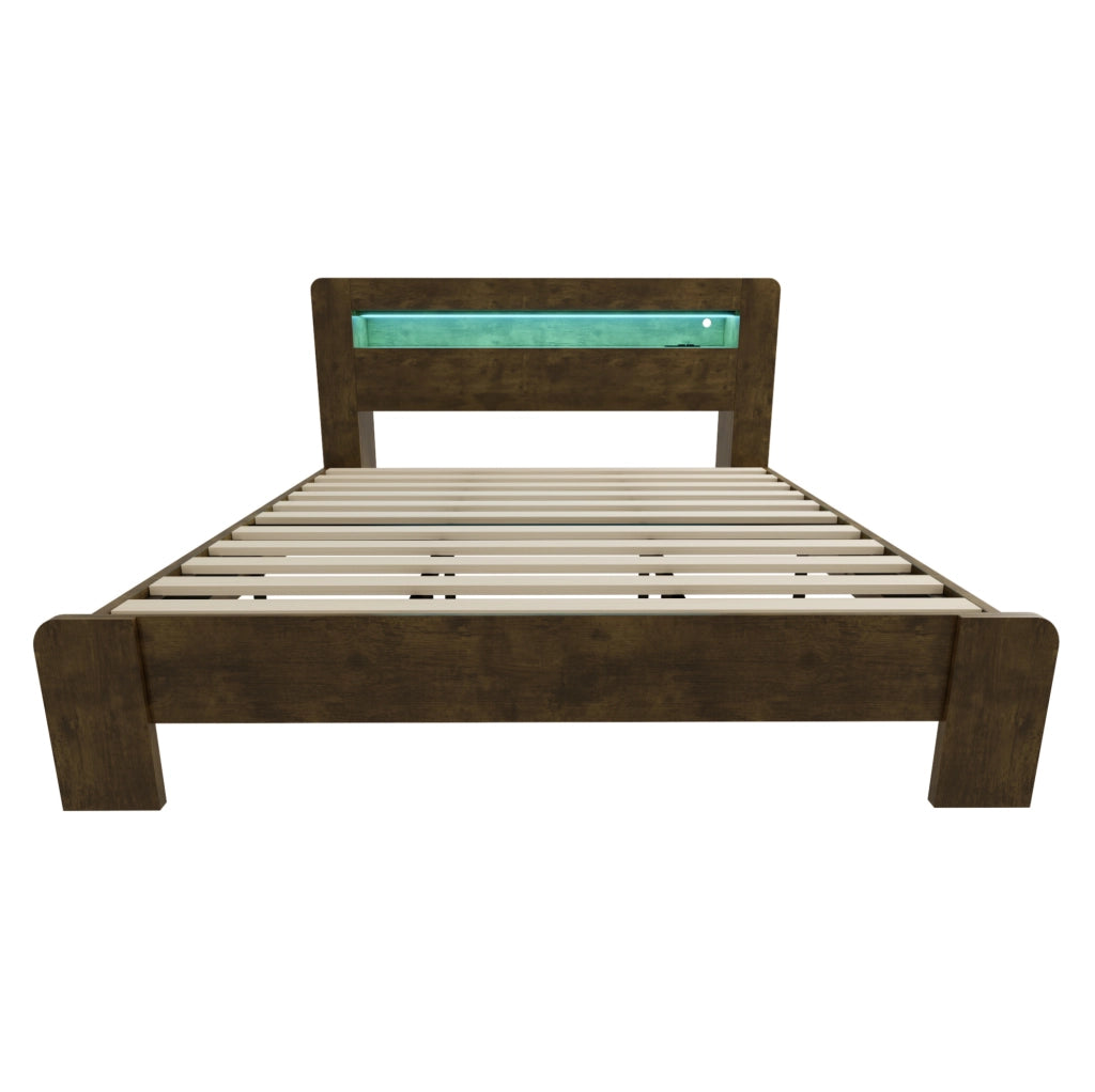 Letto matrimoniale multifunzione 180x200 cm in legno, con testiera contenitore, LED e prese
