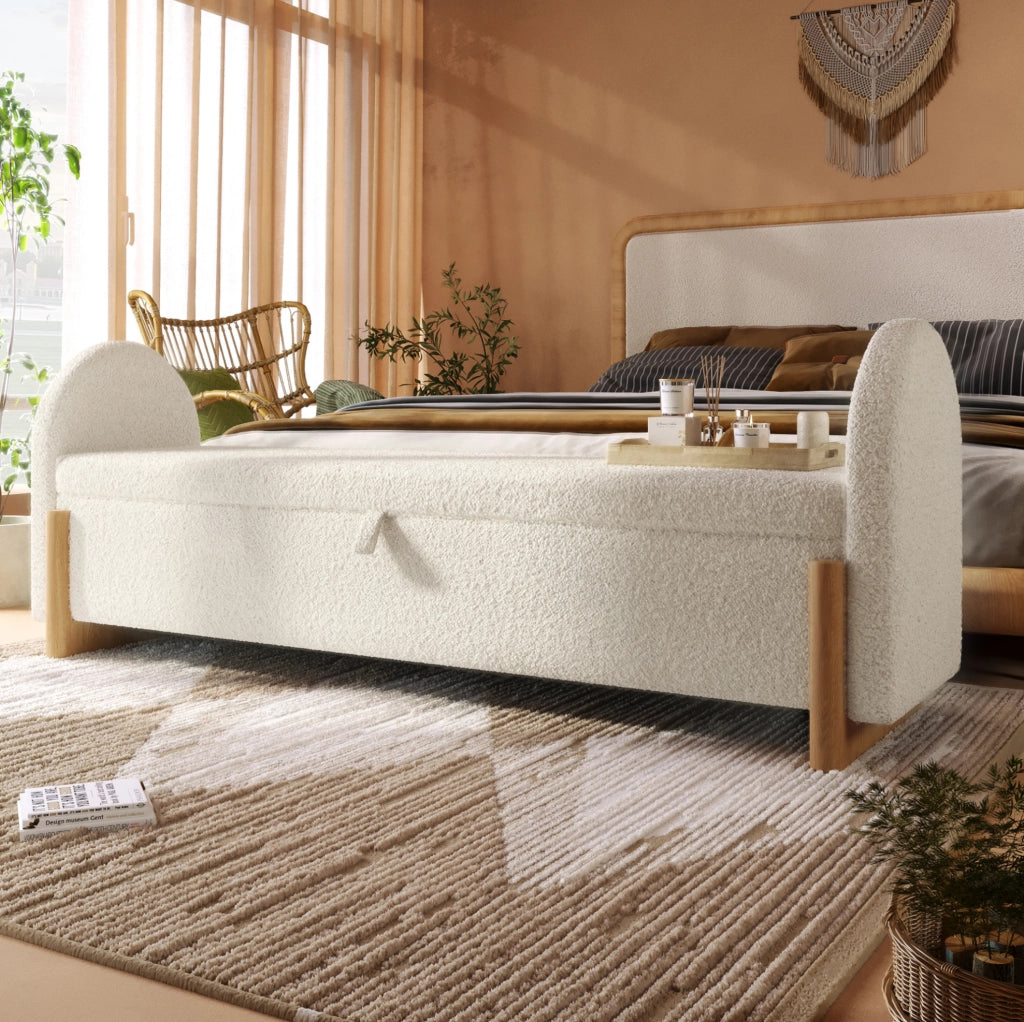 Panca contenitore bianca 146 cm con rivestimento bouclé