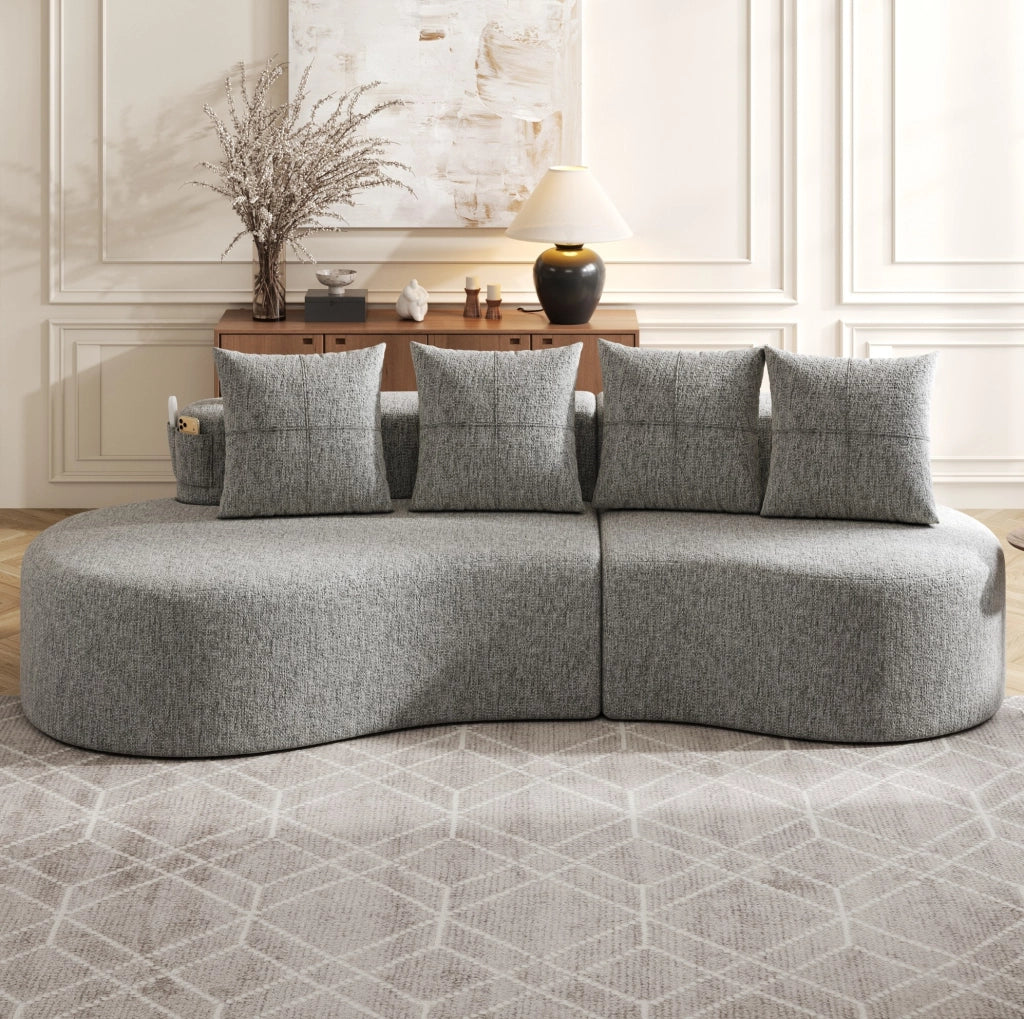 Divano 4 posti 240x109x63 cm in lino grigio chiaro, portabicchieri e tasche