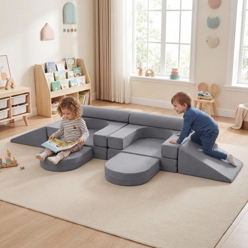 Divano Modulare per Bambini in Schiuma 10 Pezzi Set Gioco Morbido da Arrampicata Grigio per Cameretta e Casa