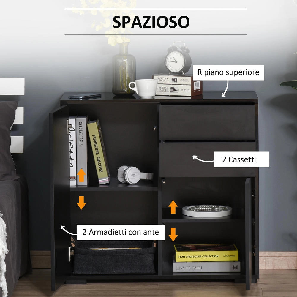 Mobiletto Multiuso Moderno con 2 Cassetti e 2 Ante per Casa e Ufficio in Legno Apertura a Pressione 79x36x74cm