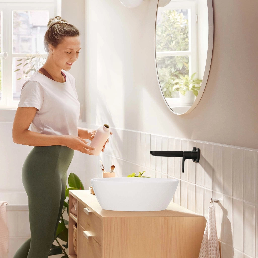 Miscelatore per lavabo da incasso, modello Rebris S, con bocchetta di scarico di 20 cm, finitura nero opaco