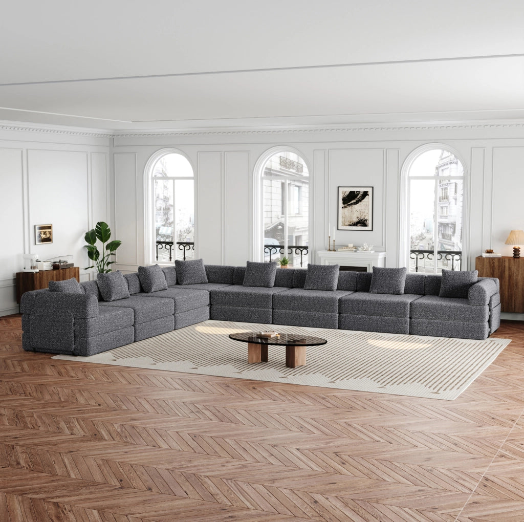 Divano letto singolo modulare con contenitore nel bracciolo e cuscini inclusi in tessuto chenille grigio