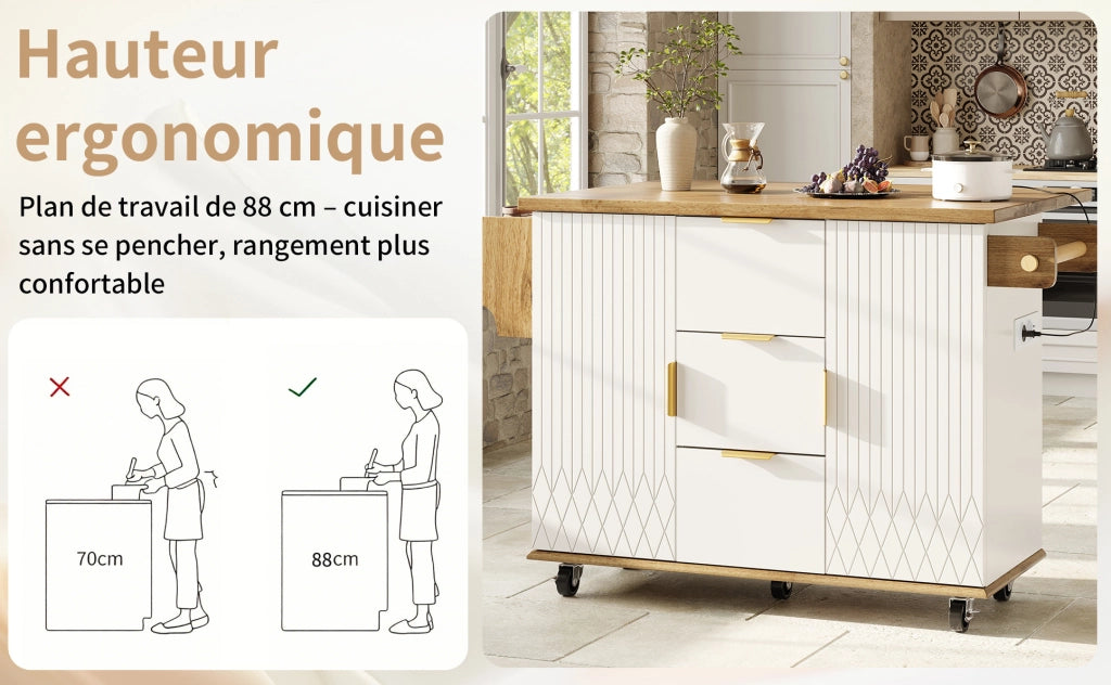 Carrello cucina mobile bianco effetto legno con piano di lavoro estraibile, prese elettriche e ruote, 134x46/74x88 cm