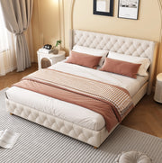 Letto imbottito 140x190 cm con rete a doghe e testiera capitonné in lino beige
