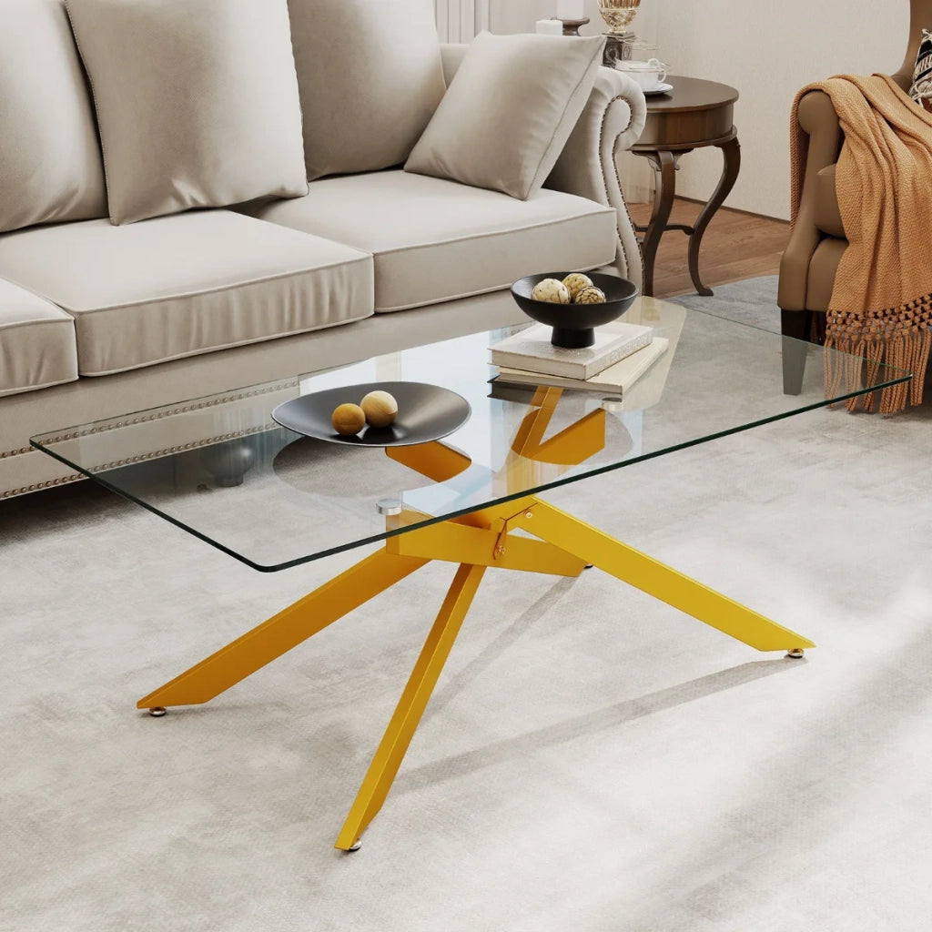 Tavolino da Salotto Rettangolare in Vetro Temperato e Metallo Dorato, Tavolo Basso Moderno Robusto per Soggiorno 120 x 60 x 45.5 cm