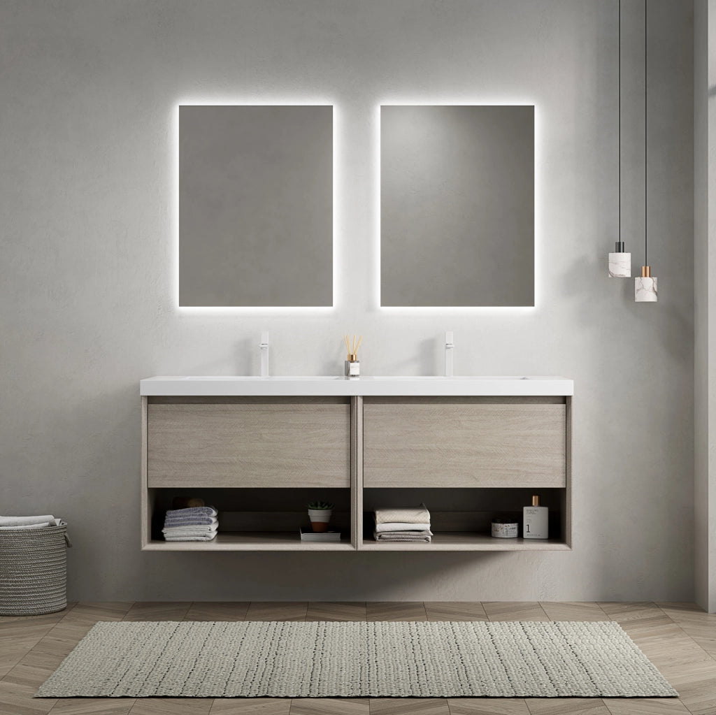 Mobile bagno sospeso ULEVR 140 cm con 2 lavabi in resina, 2 cassetti e 2 vani aperti, effetto rovere chiaro e bianco