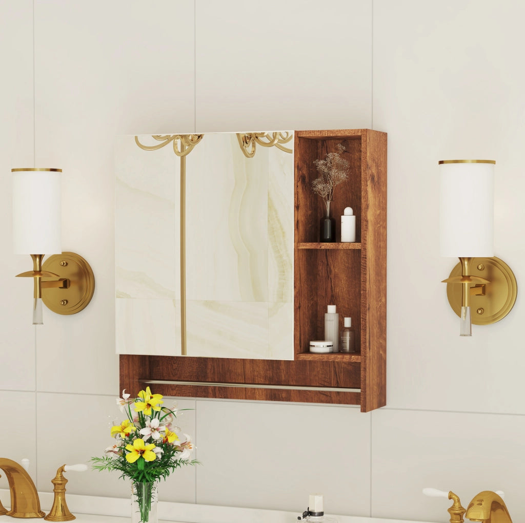 Armadio bagno a parete color noce in MDF con specchio e ripiani aperti