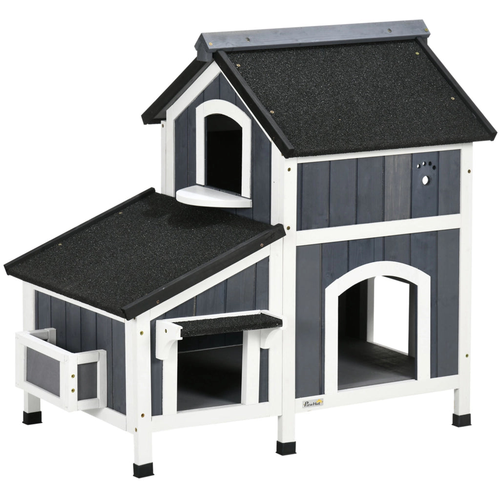 Casetta per gatti 96 x 65 x 85,5 cm in legno grigio, 2 livelli da esterno