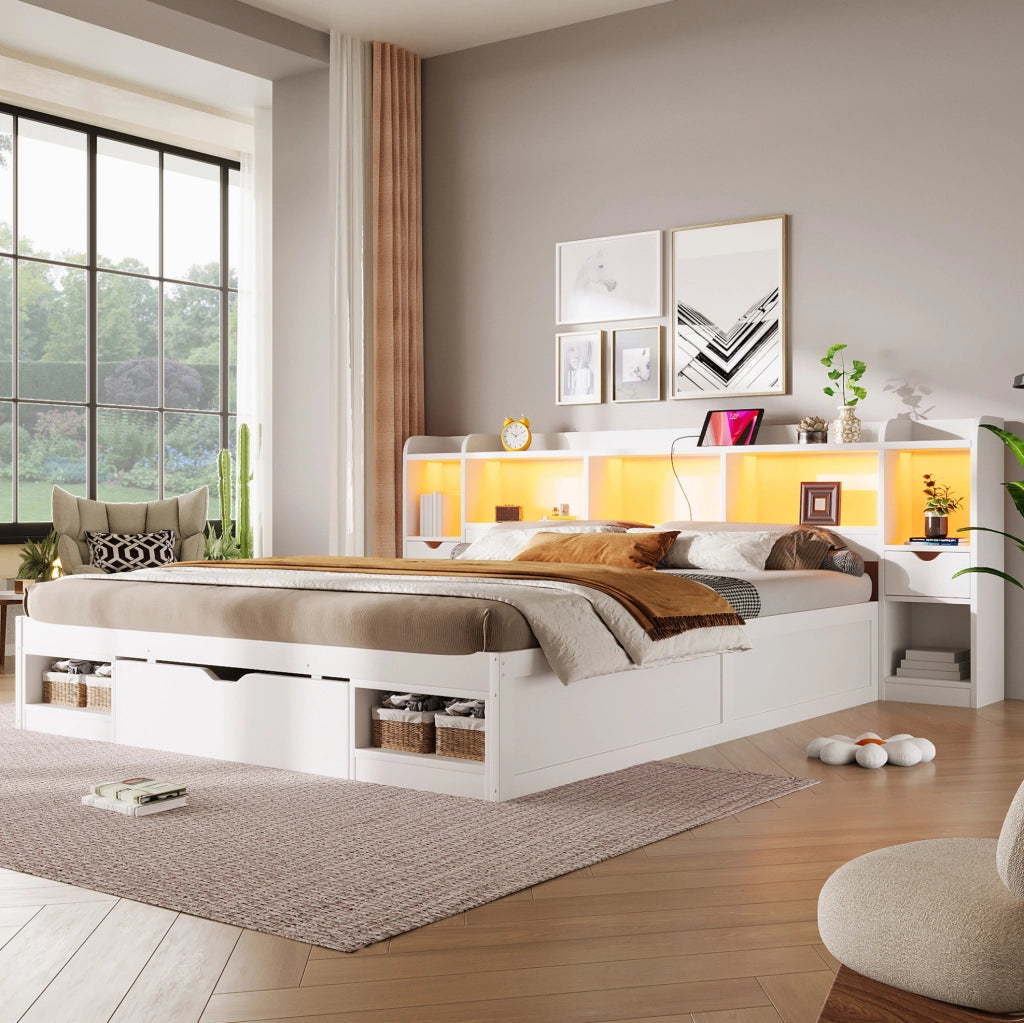 Letto 180 x 200 cm bianco con contenitori, 3 cassetti e LED
